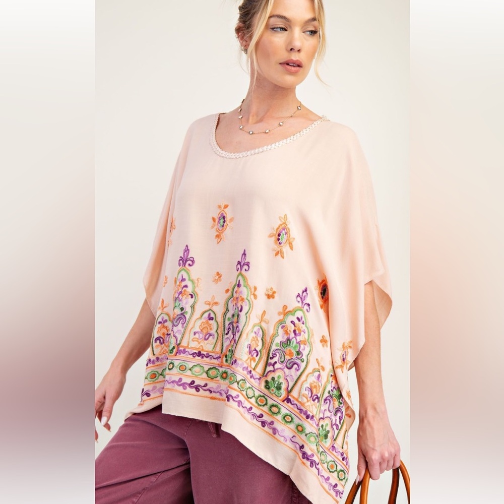872 ❤️ EASEL peach EMBROIDERED RAYON CHALLIS PONCHO TUNIC